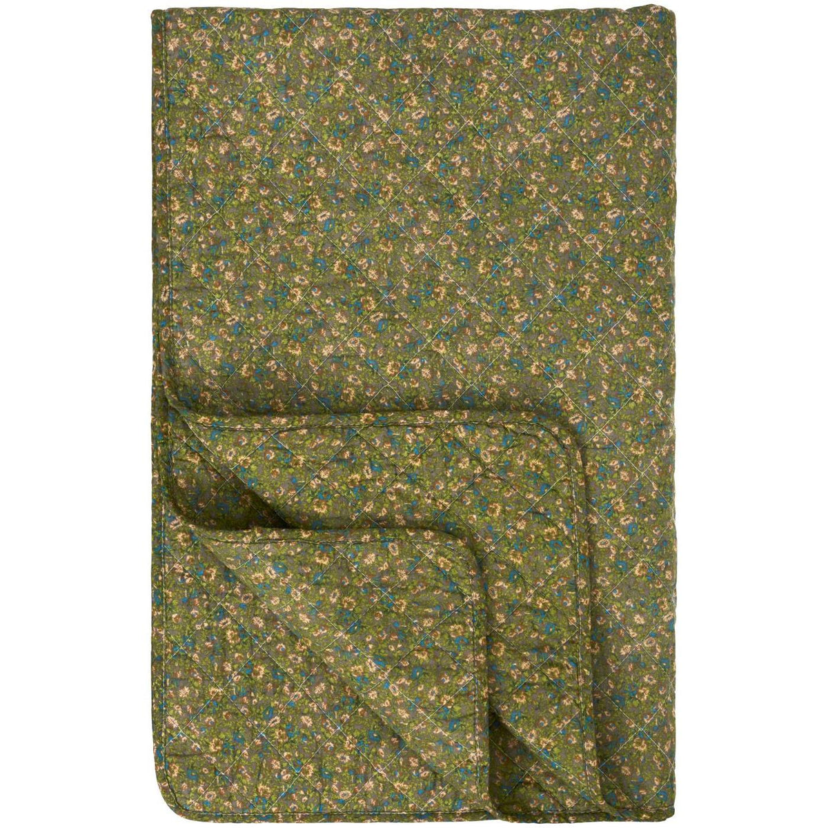 Blomstret quilt fra Ib Laursen med grågrøn bund og små blomster i rosa, blå og grønne nuancer