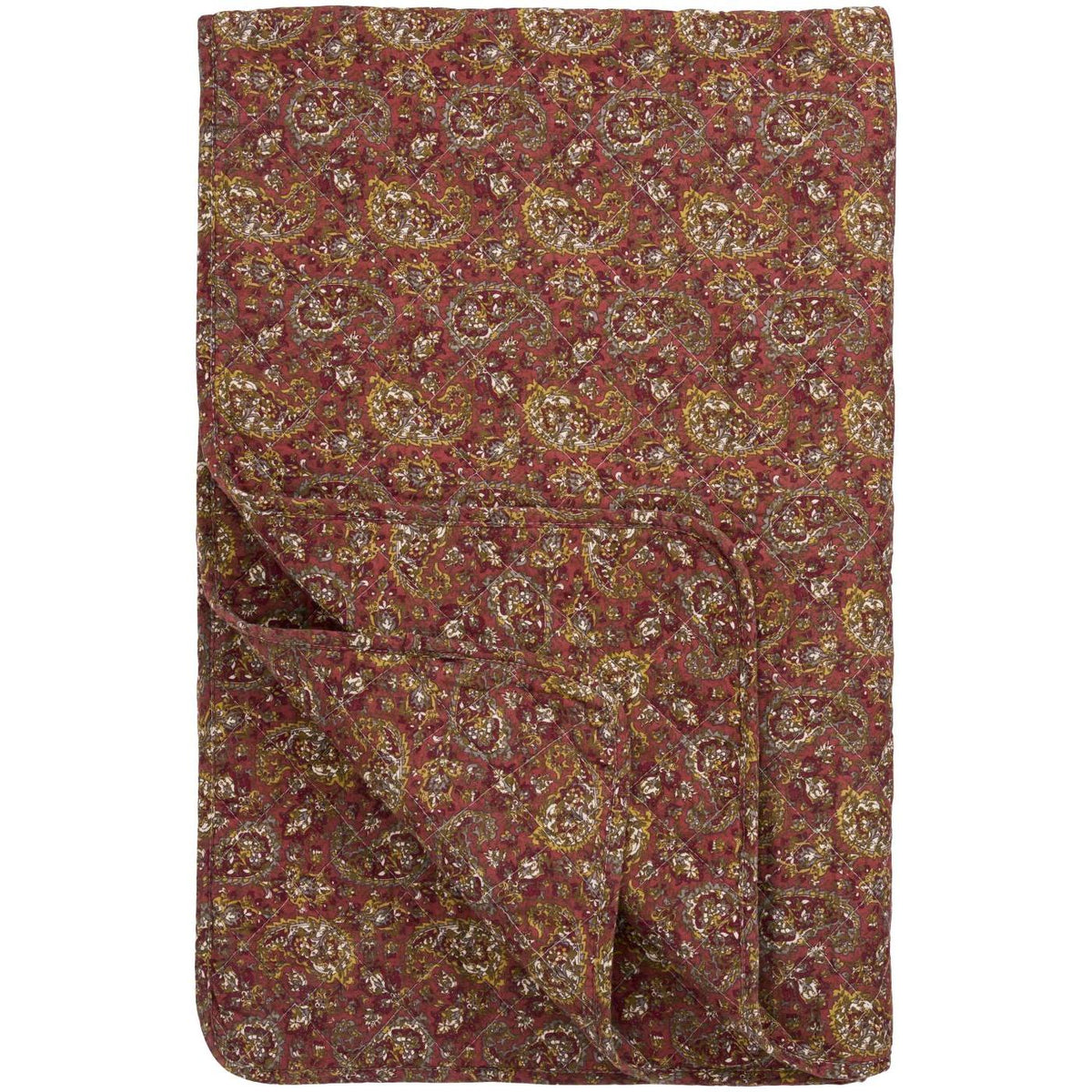 Rosa quilt fra Ib Laursen med tæt paisleymønster i mørkrosa, grønne og grålige nuancer