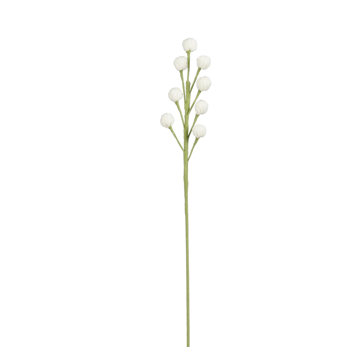 Hvid hæklet blomsterstilk med små runde blomsterhoveder og grøn stilk