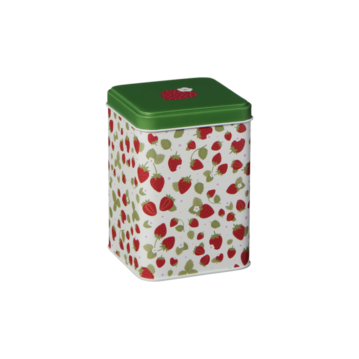 Ib Laursen høj kagedåse med jordbærmotiv og grønt låg