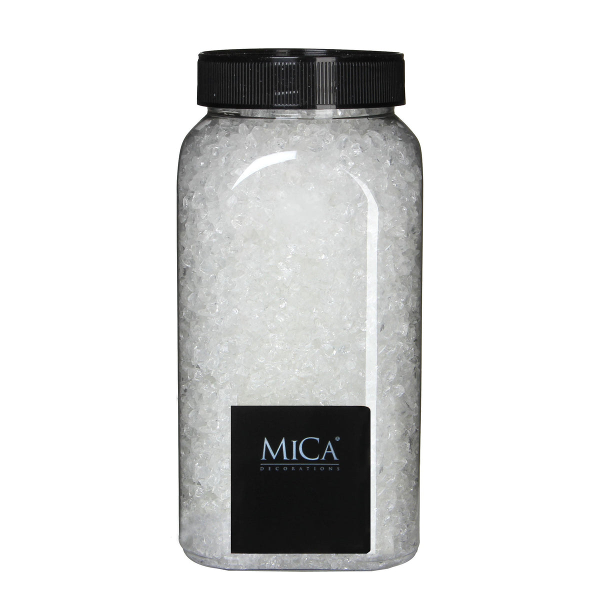 Transparente glassten fra Mica Decorations i beholder med sort låg til dekorationer og vinterlandskaber