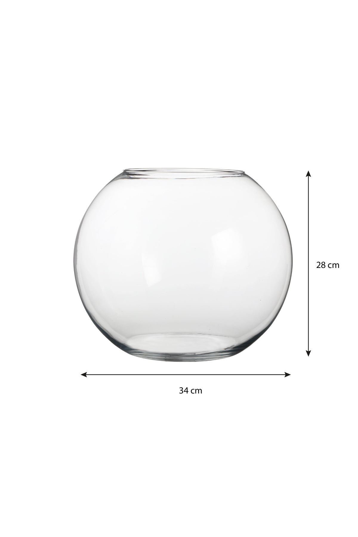 Stor kugleformet glasbowle med mål på 34 cm i diameter og 28 cm i højden