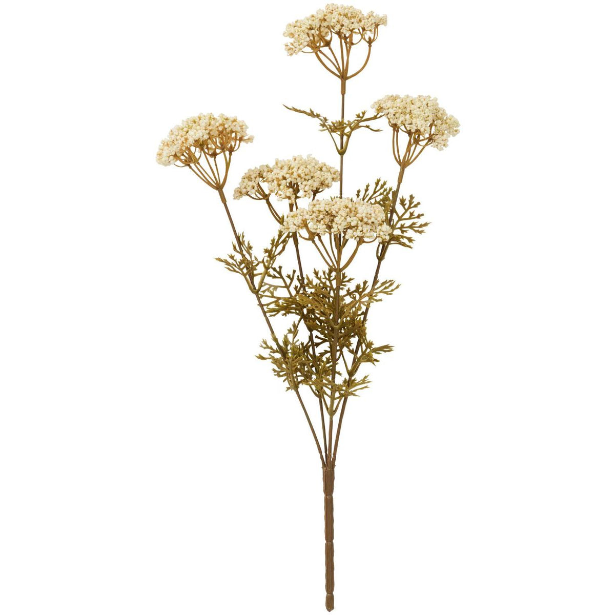 Kunstig blomsterstilk fra Ib Laursen med fem hvide skærmblomster og fine grønbrune blade.