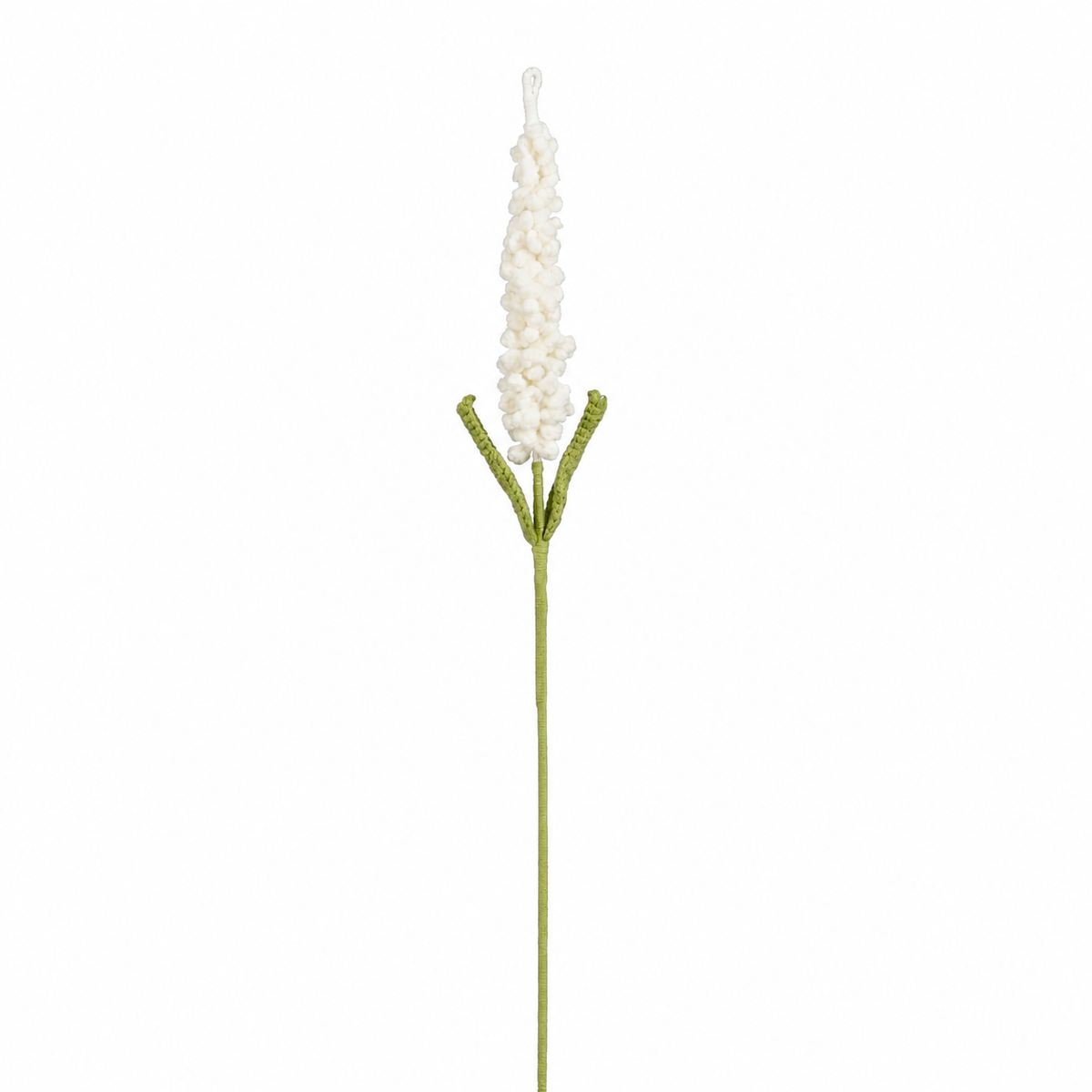 Hæklet hvid lavendelblomst med grønt bladpar og lang stilk, 48 cm