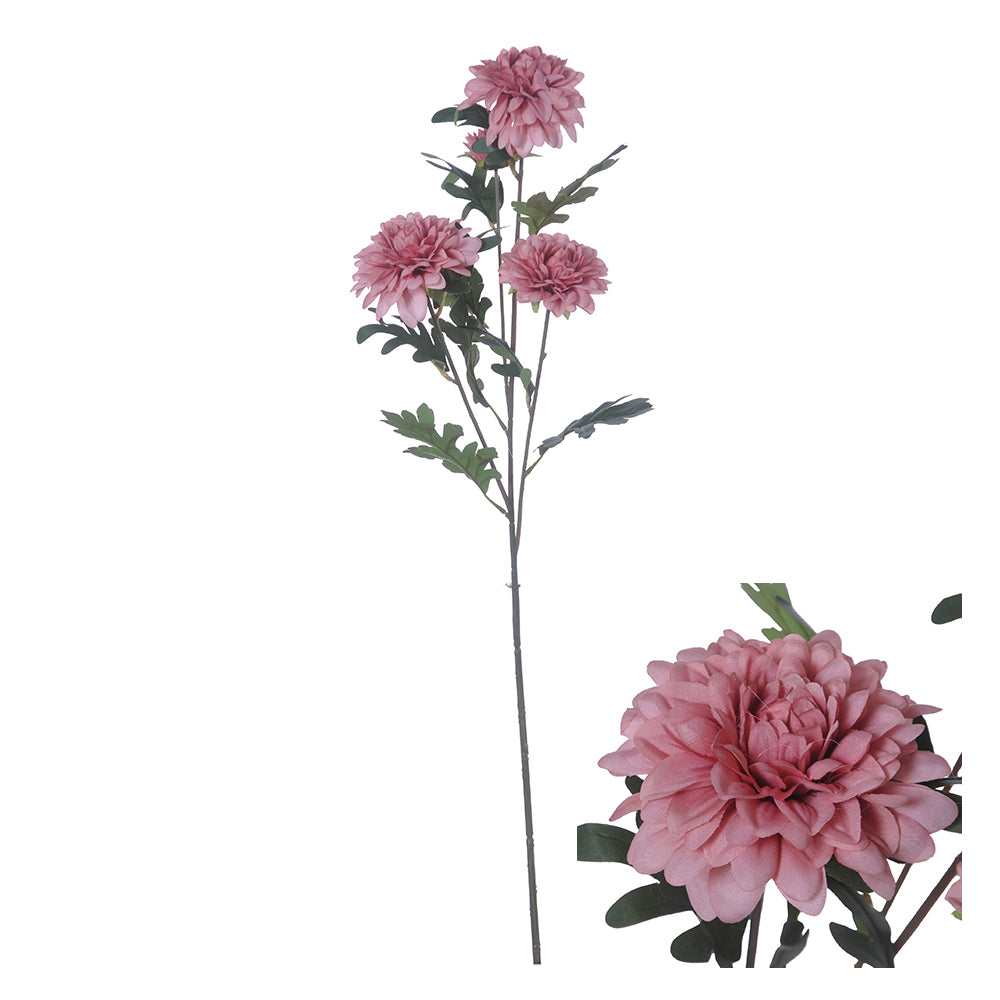 Kunstig krysantemum i støvet rosa med flere fyldige blomsterhoveder og grønne blade på lang stilk