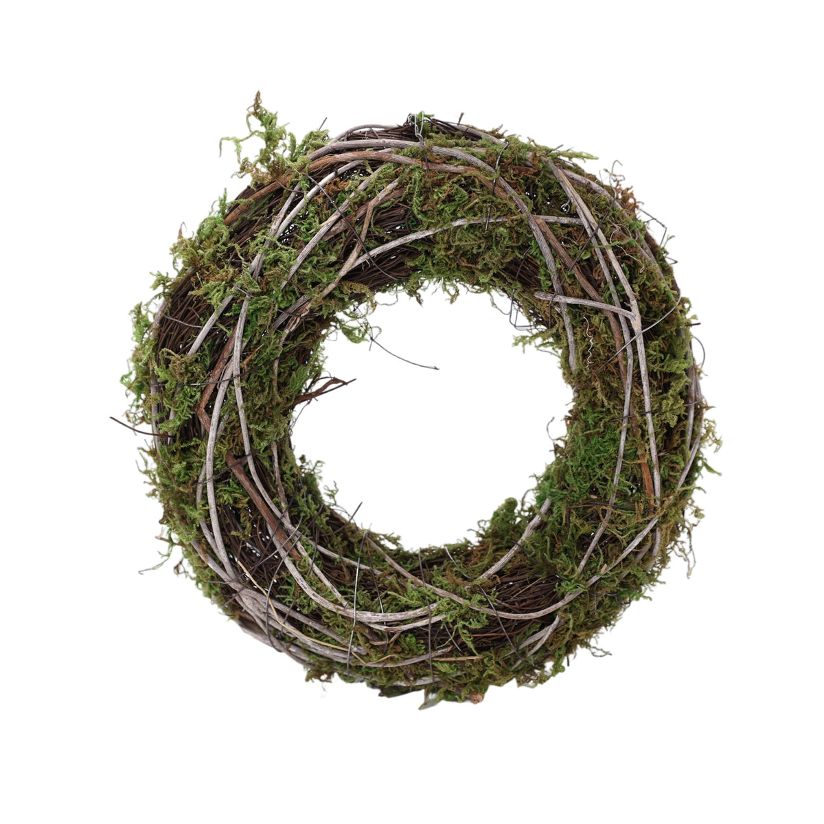 Rustik naturkrans med snoede grene, rattan, græs og grønt mos til påskekrans, efterårskrans og julekrans