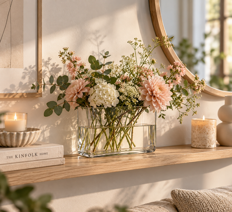 Firkantet glasvase med blomster på hylde med lyst interiør