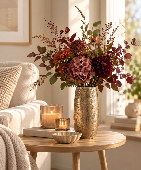 Guldfarvet Clemente vase med blomsterbuket i stående på sidebord i stue