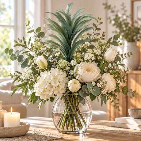 Glasvase med stor blomsterbuket med fjerdusk i midten på sofabord med tændte bloklys