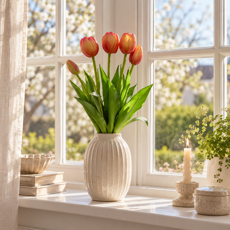 Vase med kunstige orange tulipaner i vindueskarm