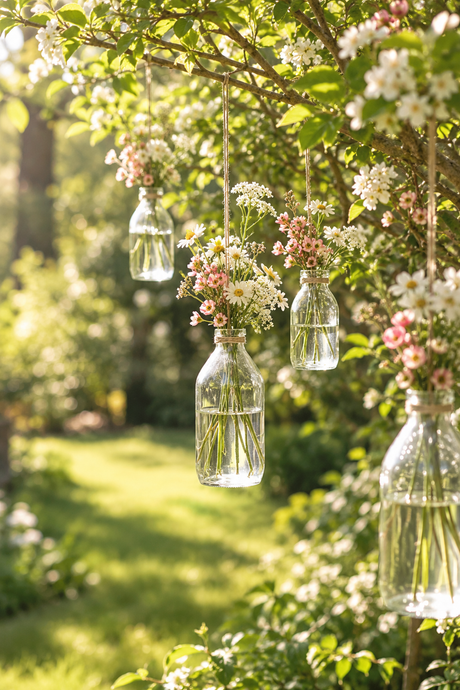 Hængende flaskevaser med wire fra Ib Laursen i busk i haven og med blomster i