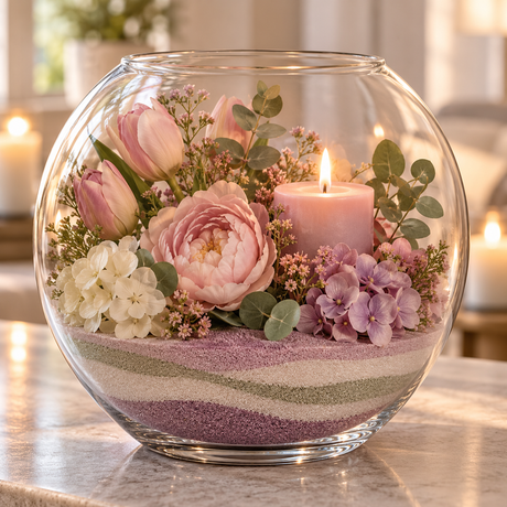 Glasbowle med dekorationssand i lag fra Mica pyntet med blomster og lys