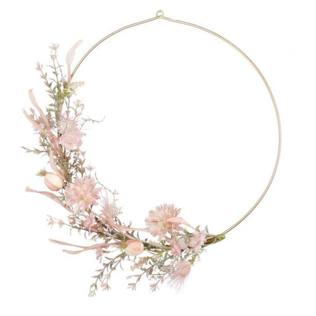 Dekorationsring med kunstige blomster i tørret look lyserød