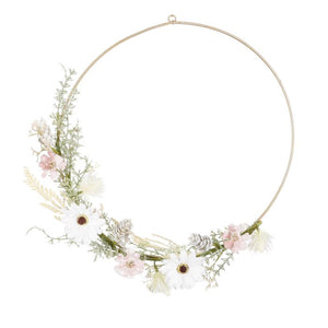 Dekorationsring med kunstige blomster i tørret look creme/lyserød