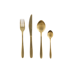 Gaffel, kniv, spiseske og teske i mørk guldfarve