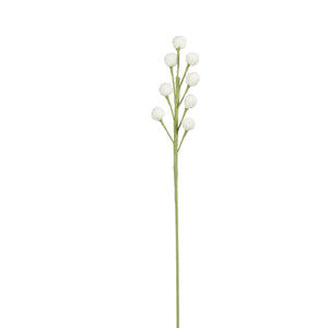 Hvid hæklet blomsterstilk med små runde blomsterhoveder og grøn stilk