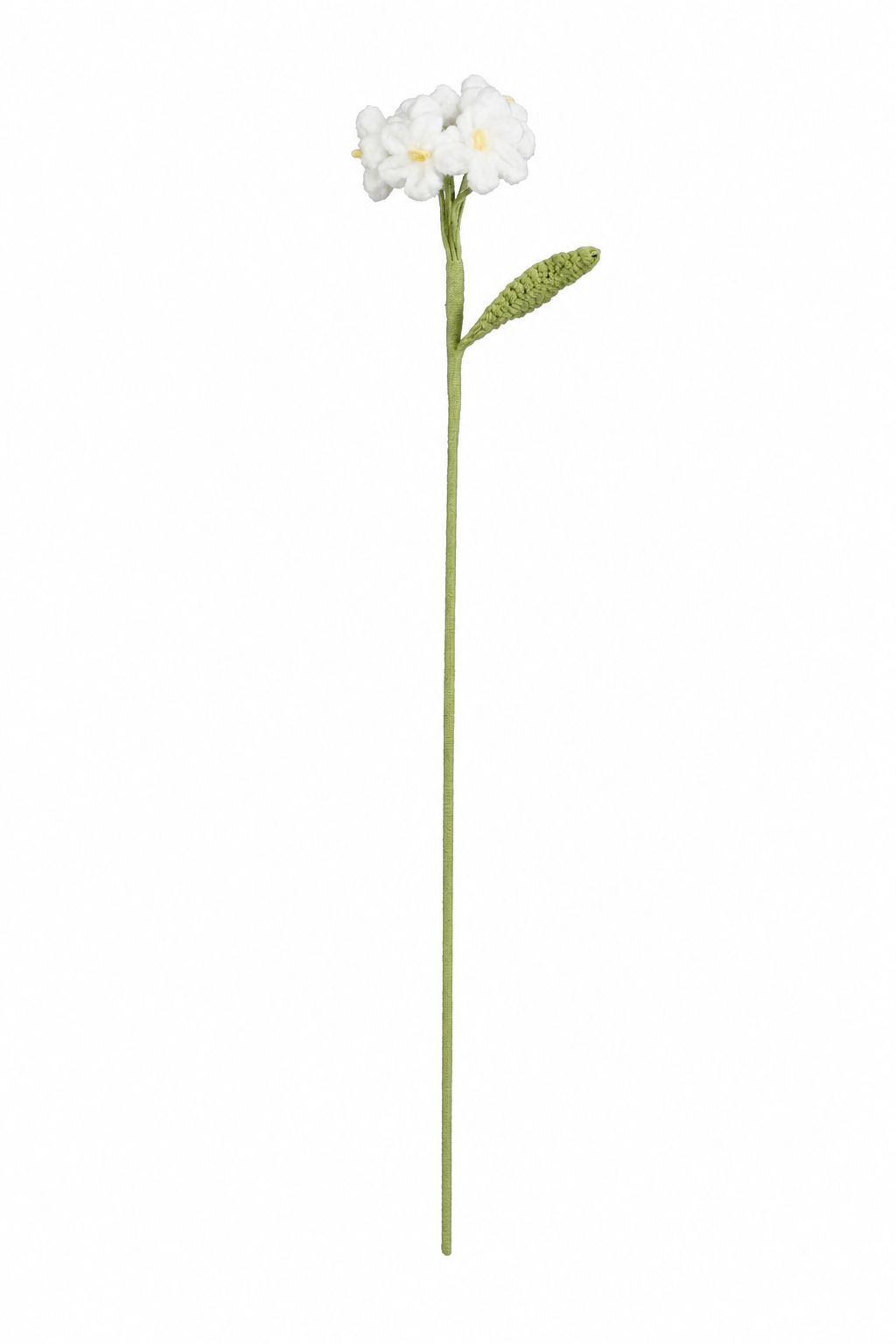 Hvid hæklet floks blomsterstilk med små hvide blomster og grønt blad