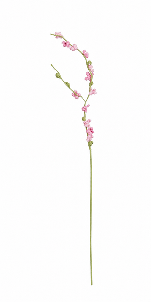 Mørk lyserød hæklet blomstergren med fine blomster og grønne knopper til forårsdekorationer