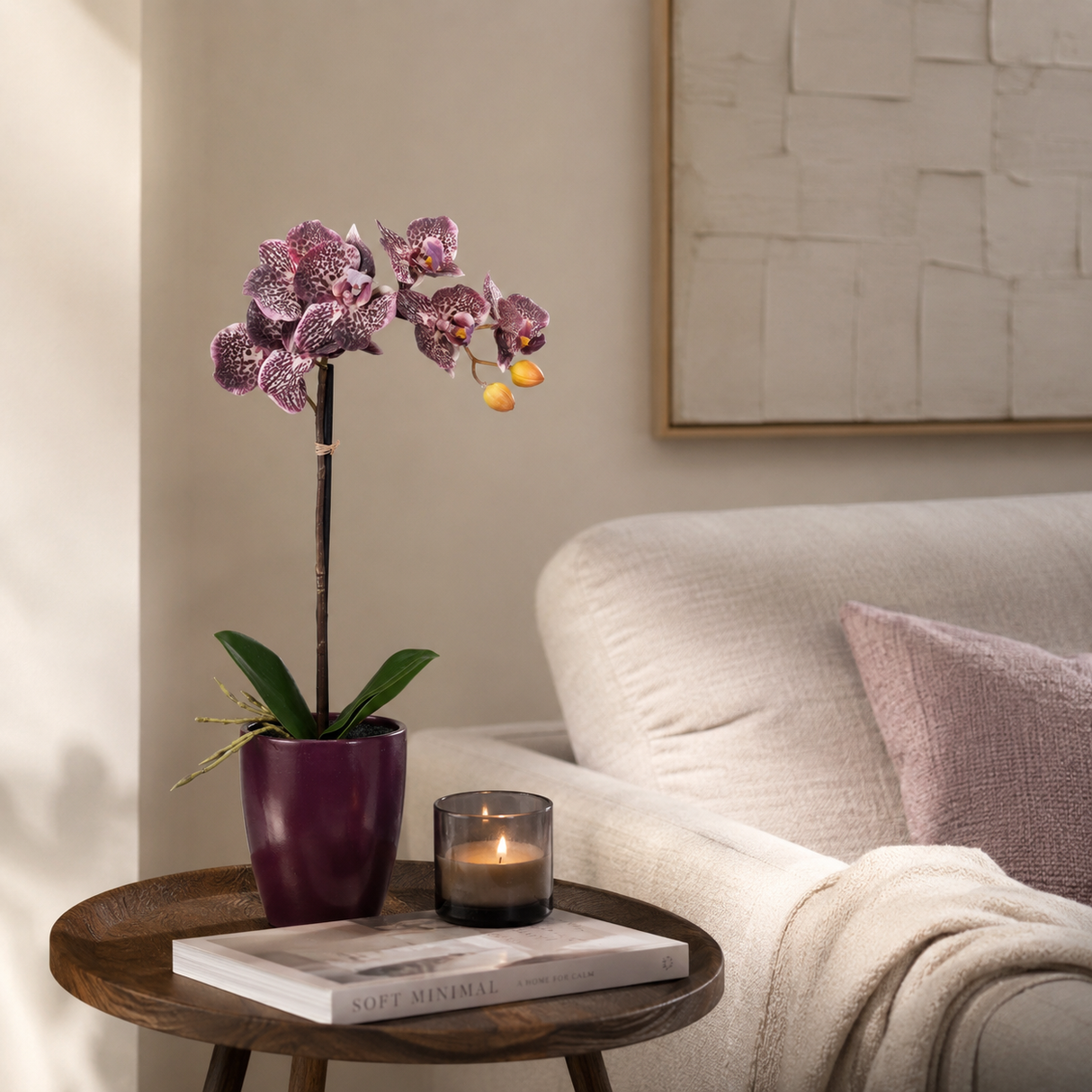 Phalaenopsis orkidé mauve på sidebord ved sofa