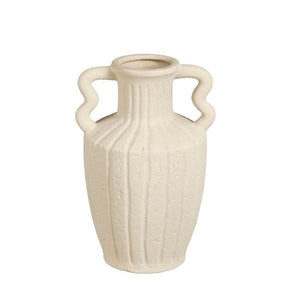 Off white keramikvase med bølgede hanke og rustikt udtryk