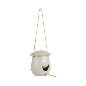 Fuglefoderhus i askegrå keramik i gren fra Ib Laursen