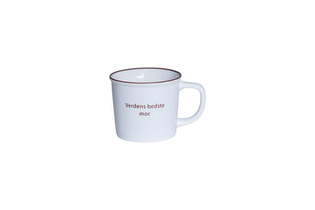 Porcelænskop fra Speedtsberg med teksten Verdens bedste mor i enkelt hvidt design.