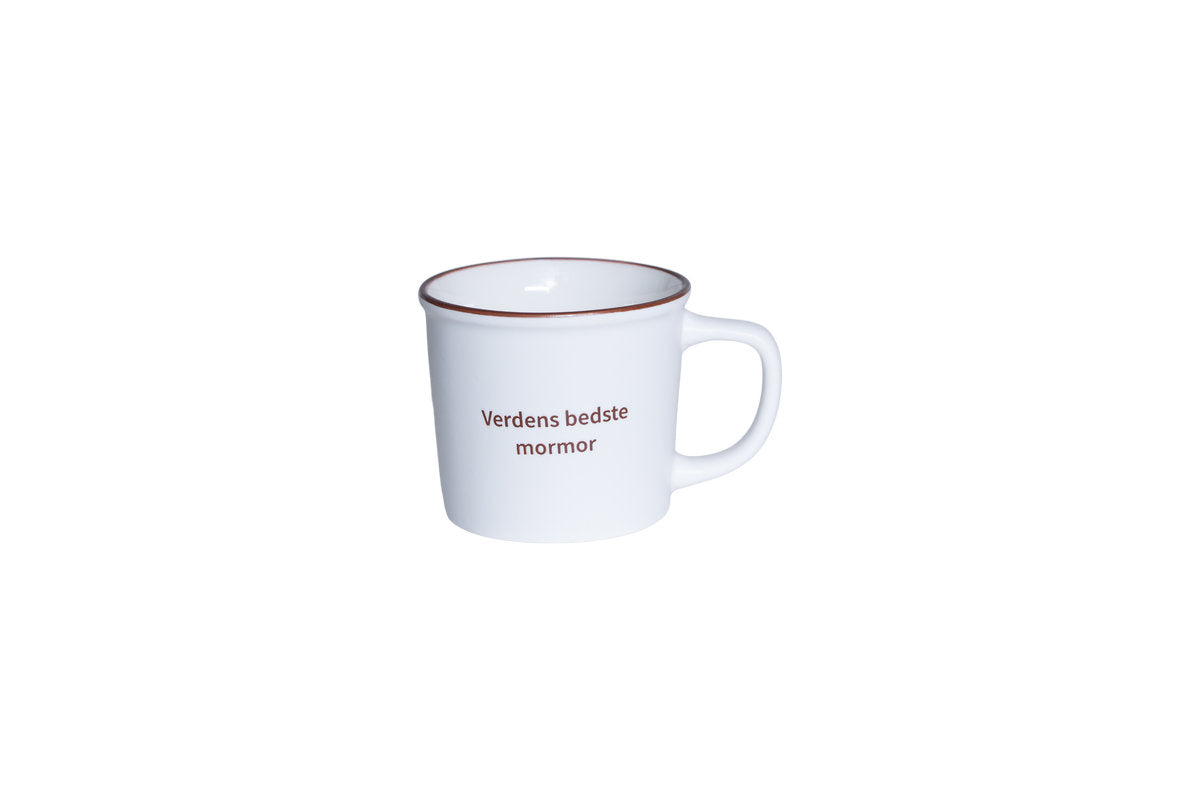 Porcelænskop fra Speedtsberg med teksten Verdens bedste mormor i enkelt hvidt design.