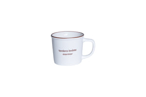 Porcelænskop fra Speedtsberg med teksten Verdens bedste mormor i enkelt hvidt design.