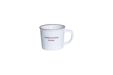 Porcelænskop fra Speedtsberg med teksten Verdens bedste farmor i enkelt hvidt design.