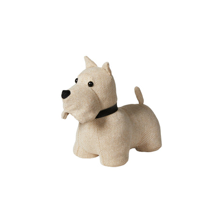 Dørstopper formet som en beige skottehund i møbelstof fra Speedtsberg.