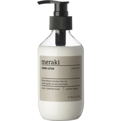 Meraki Silky Mist økologisk håndlotion i transparent pumpeflaske med 275 ml og frisk duft af hvide citrusblomster og citrus.