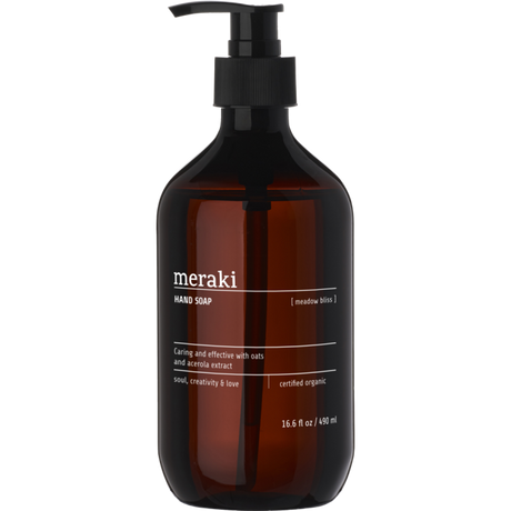 Meraki Meadow Bliss økologisk håndsæbe i brun pumpeflaske med 490 ml og frisk duft af citrus, verbena, mynte og te.