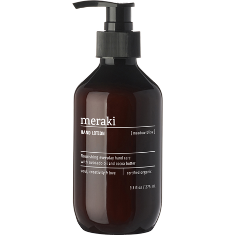 Meraki Meadow Bliss økologisk håndlotion i brun pumpeflaske med 275 ml og frisk duft af citrus, verbena, mynte og te.