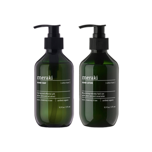 Meraki med håndsæbe og håndlotion i grønne flaske med pumpehoved