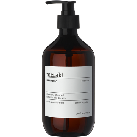 Meraki Pure Basic parfumefri håndsæbe i brun pumpeflaske med 490 ml og plejende aloe vera til daglig håndvask.