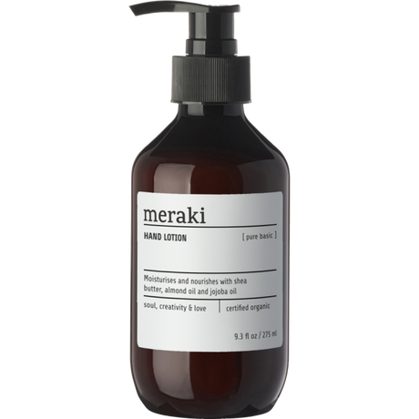 Meraki Pure Basic parfumefri håndlotion i brun pumpeflaske med 275 ml og økologiske plejende ingredienser til sensitiv hud.