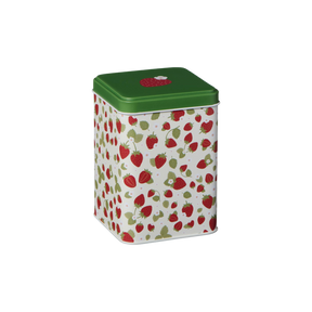 Ib Laursen høj kagedåse med jordbærmotiv og grønt låg