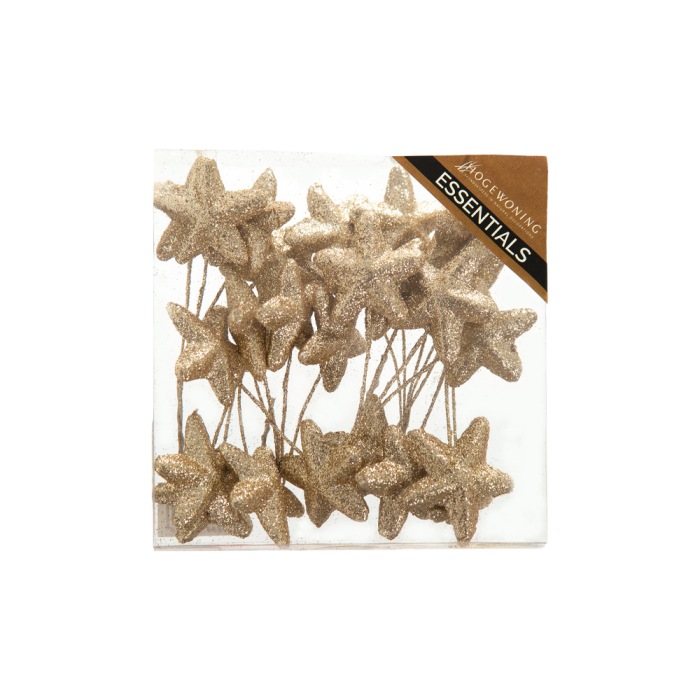 Guldfarvede glitterstjerner på wire i æske