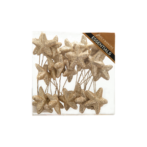 Guldfarvede glitterstjerner på wire i æske
