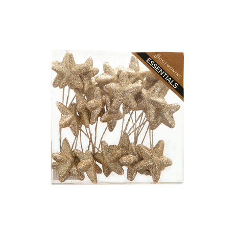 Guldfarvede glitterstjerner på wire i æske