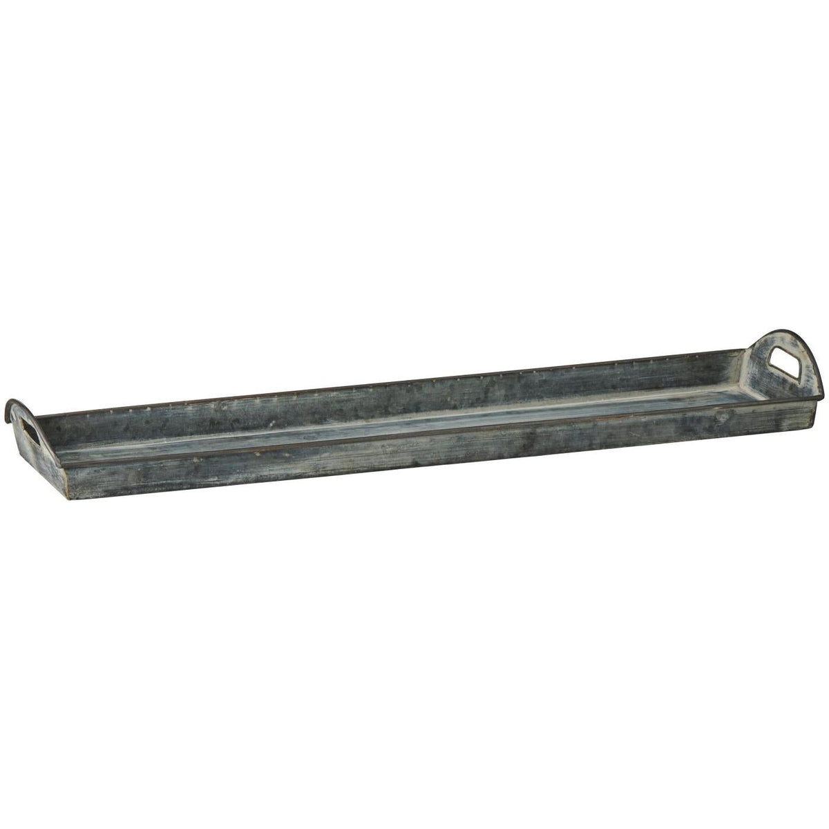 Lang smal metalbakke fra Ib Laursen Urban Garden i rustikt zinkfarvet metal med greb i enderne