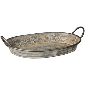 Oval metalbakke fra Ib Laursen Urban Garden i rustikt zinkfarvet metal med to buede greb