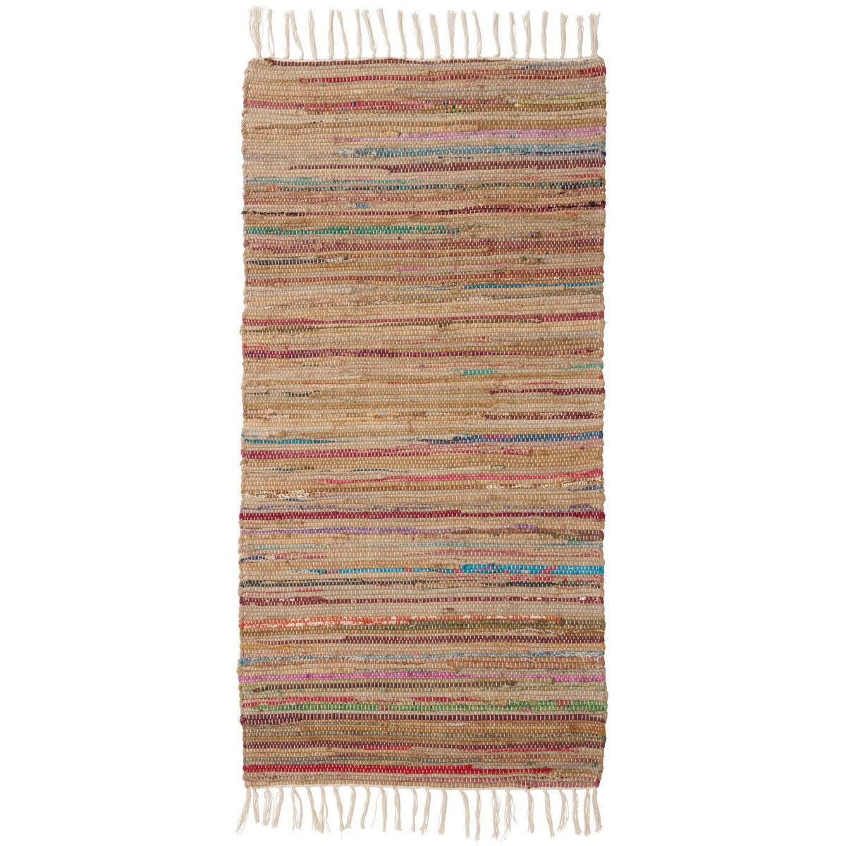 Brun multifarvet kludeløber fra Ib Laursen i 100 % bomuld med vævede farverige striber og lyse frynser, 60 x 120 cm.