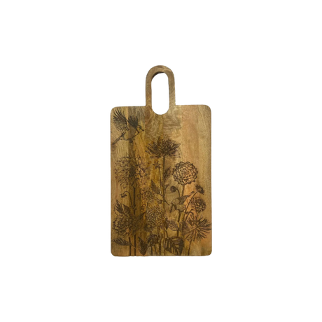 Skærebræt i mangotræ med fugle- og blomstermønster