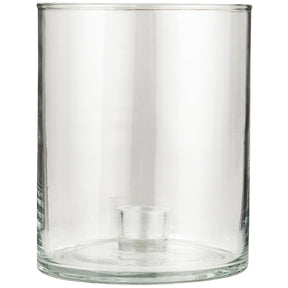Lav og bred glaslysestage fra Ib Laursen med klart cylinderglas og fast holder til kronelys