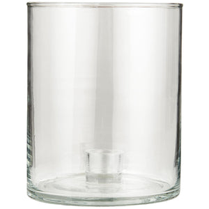 Lav og bred glaslysestage fra Ib Laursen med klart cylinderglas og fast holder til kronelys