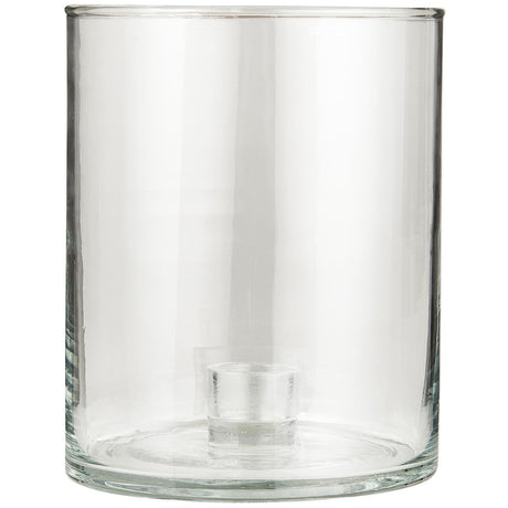 Lav og bred glaslysestage fra Ib Laursen med klart cylinderglas og fast holder til kronelys