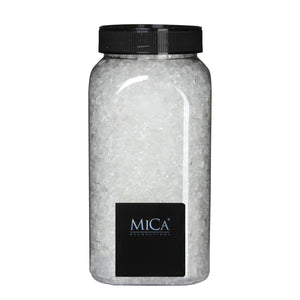 Transparente glassten fra Mica Decorations i beholder med sort låg til dekorationer og vinterlandskaber