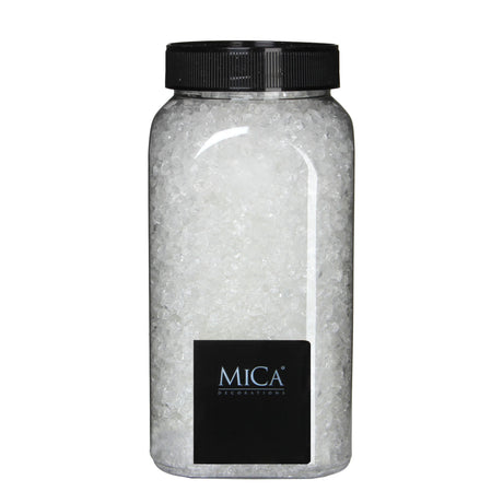 Transparente glassten fra Mica Decorations i beholder med sort låg til dekorationer og vinterlandskaber