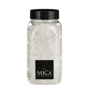 Beholder med transparente dekorationssten i glas fra Mica Decorations til boligpynt og vinterlandskaber
